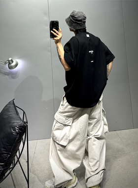 350g纯棉vibe风黑色短袖T恤男oversize落肩廓形字母印花潮牌t恤衫