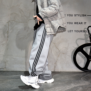 子 阔腿长裤 vibe脏洗三条杠运动卫裤 男灰色加绒加厚宽松直筒休闲裤