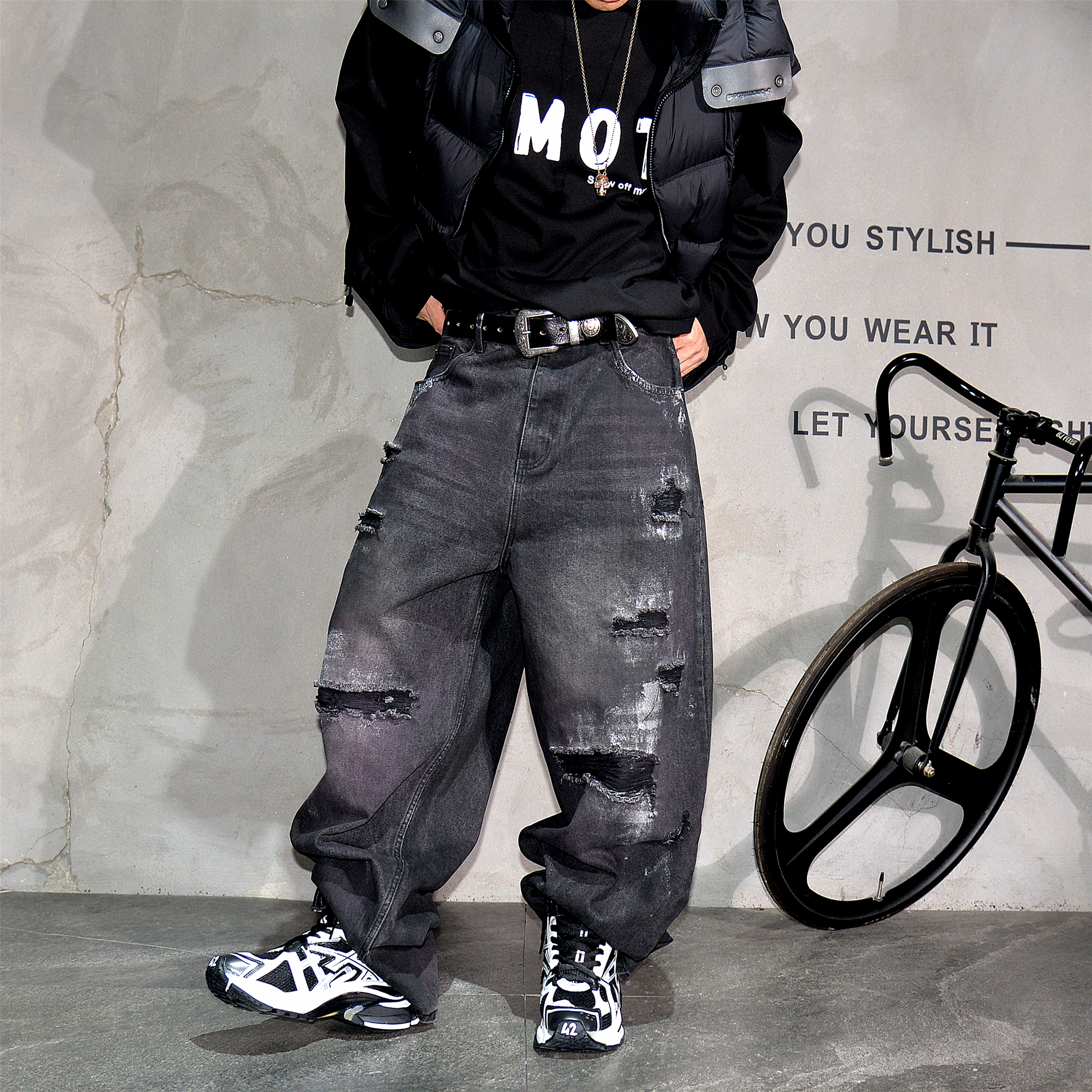 美式高街vibe黑色破洞阔腿牛仔裤