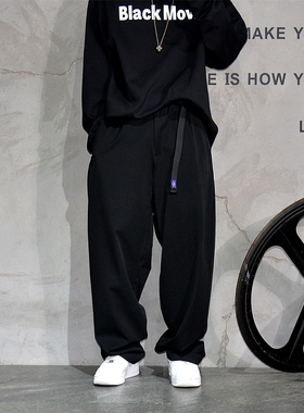 黑色宽松直筒休闲西裤男潮牌痞帅微垮老爹裤腰带装饰垂坠感长裤子