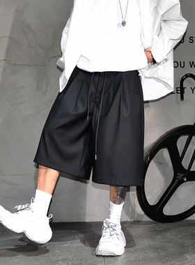 黑色宽松休闲西装短裤男日系潮牌阔腿六分西裤垂感挺括抽绳五分裤