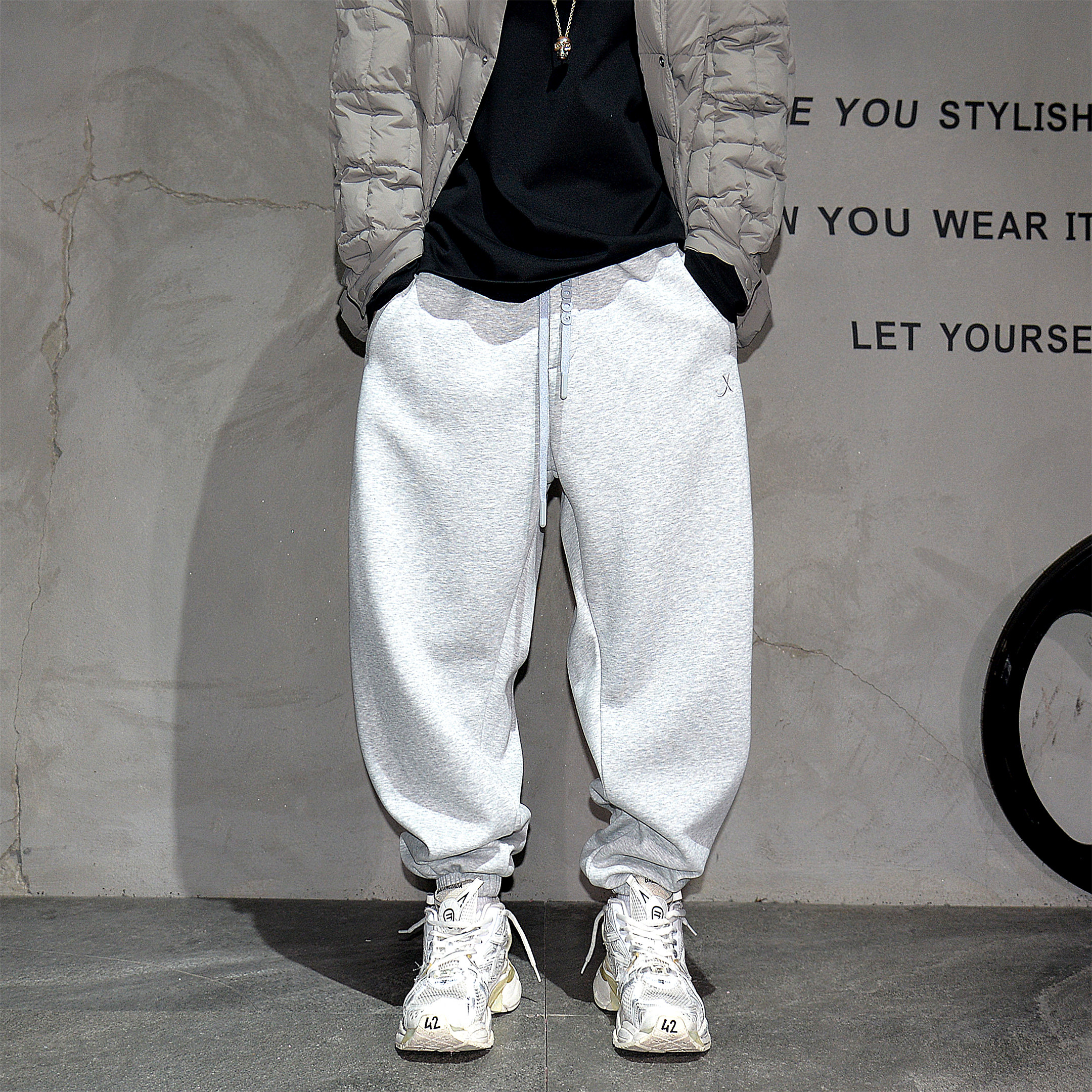 纯色简约宽松运动休闲卫裤男潮流百搭哈伦裤加绒加厚束脚灰色长裤,男装,卫裤,淘宝优惠券,粉丝福利购,淘宝优惠卷