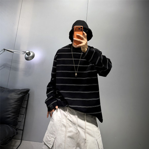 宽松重磅纯棉条纹长袖T恤男潮牌T