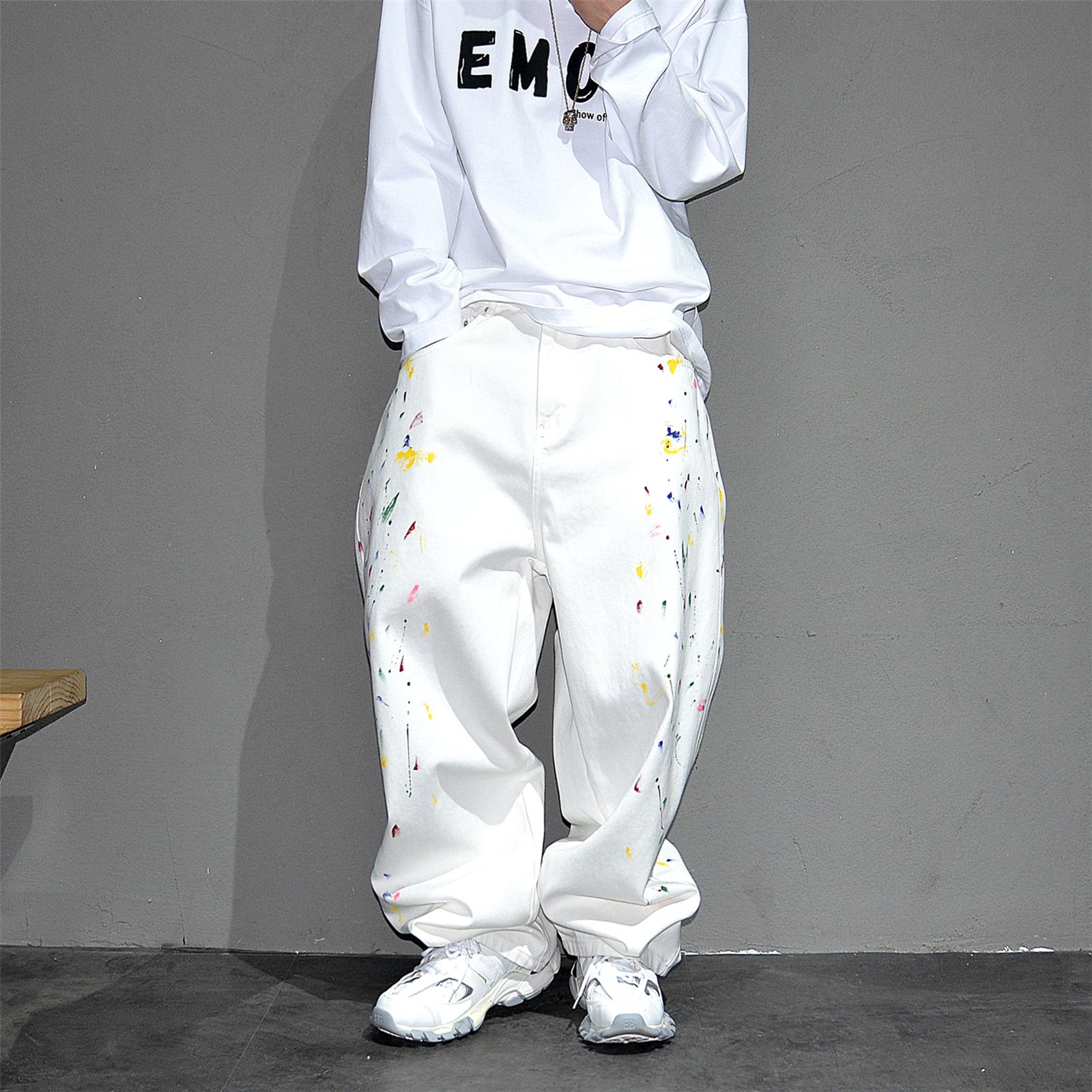 大码阔腿泼墨甩漆宽松直筒牛仔裤