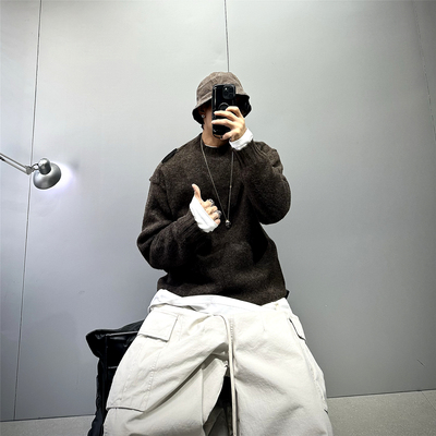 慵懒风半高领套头羊毛混纺针织衫男纯色百搭宽松休闲保暖毛线衣潮