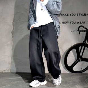 子潮 男韩系简约百搭黑色休闲长裤 冬季 加绒加厚宽松阔腿直筒牛仔裤