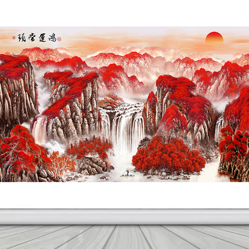 鸿运当头山水国画自粘风景装饰画沙发背景墙纸客厅装饰壁画粘贴画