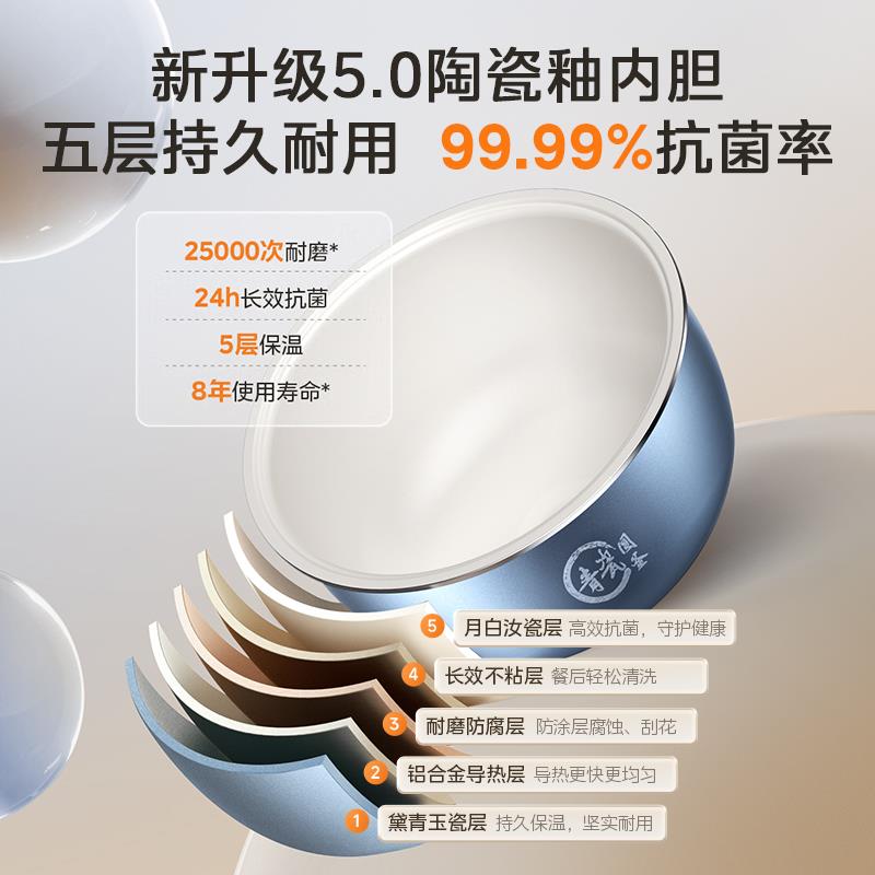 美.的电饭煲家用5升大容量3-8人不粘青瓷陶瓷内胆多功能智能电饭