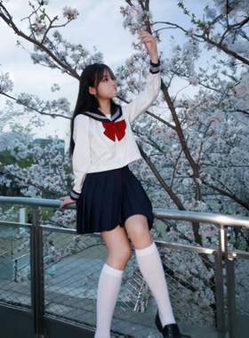 原创正版基础款绀领白三本水手服jk制服套装学院海军风校供百褶裙