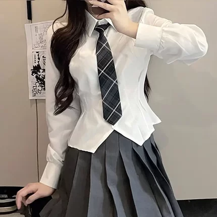 jk收腰白色衬衫女短长袖辣妹百褶裙制服套装修身显瘦日系学院风