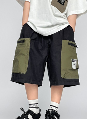 儿童潮牌撞色时尚短裤五分裤日系男中大童夏薄款中裤运动工装裤子