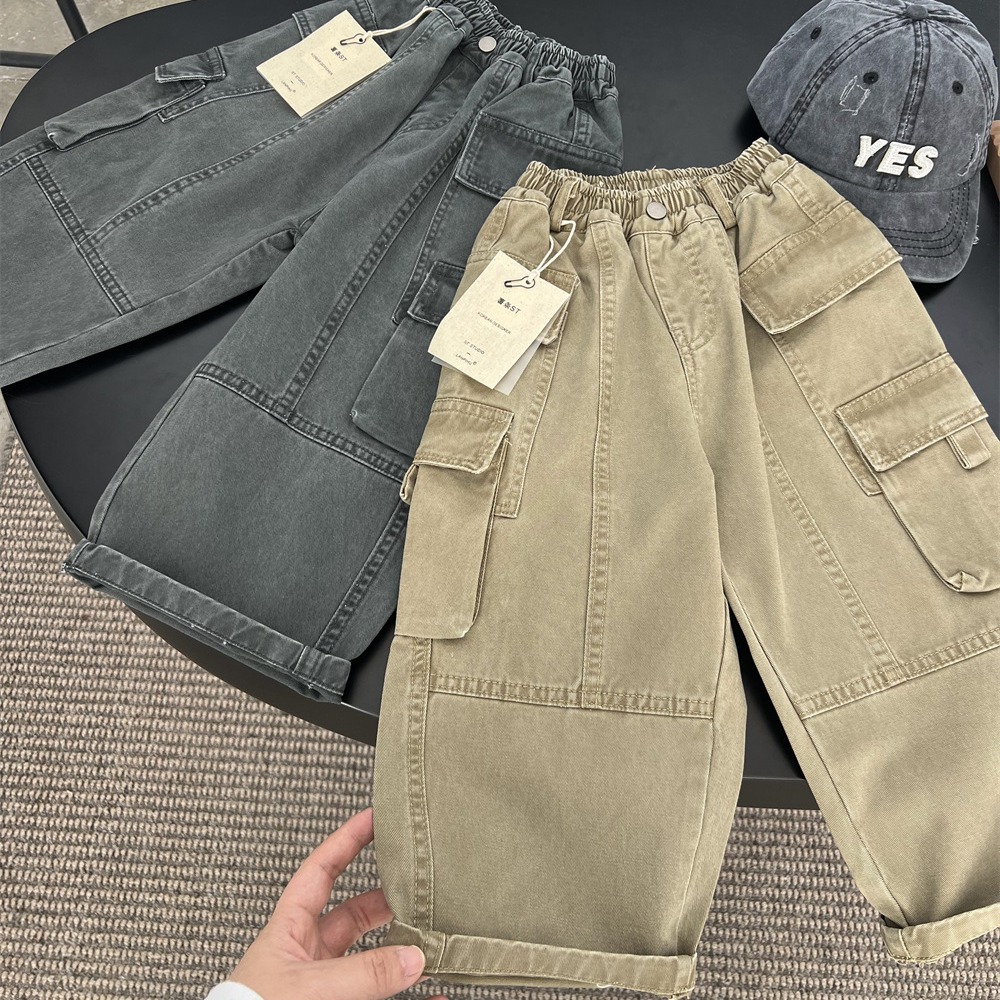 日系男女童潮牌复古多口袋工装裤