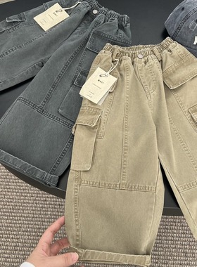 日系男女童潮牌复古多口袋工装裤儿童秋冬美式做旧直筒裤宽脚裤子