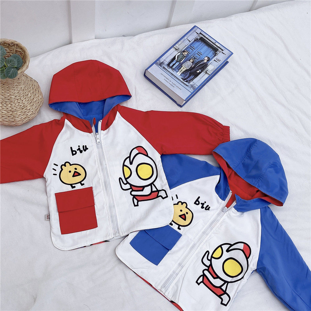 日系儿童卡通奥特曼连帽风衣秋款男女宝宝迪迦双面穿拉链外衣外套