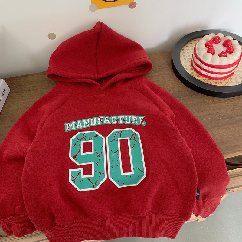 韩版男女童炸街字母加绒连帽卫衣中大儿童秋冬厚款红色潮套头上衣