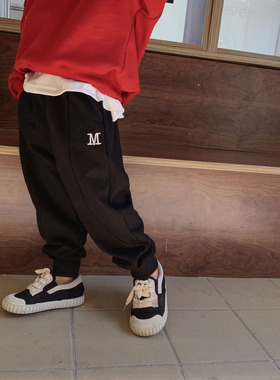 韩版男童女童潮牌M字母卫裤春秋季裤子中小儿童休闲宽松运动长裤