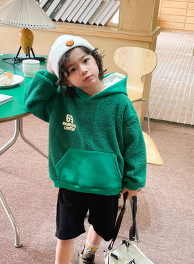 日系冬季新款儿童加绒连帽卫衣潮洋气男女字母加厚套头中小童上衣