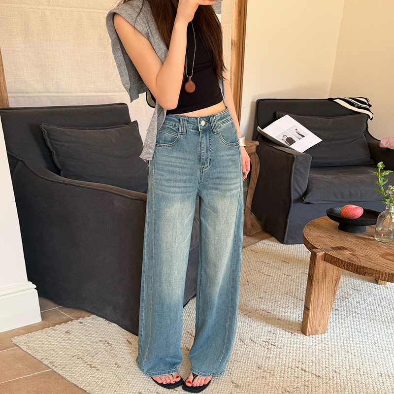十三行大码裤女装辣妹牛仔裤女春款高腰弹力阔腿休闲直筒拖地裤