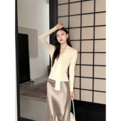 针织衫 GEMQI含羊绒修身 长袖 女韩系春秋穿搭设计感飘带V领打底毛衣