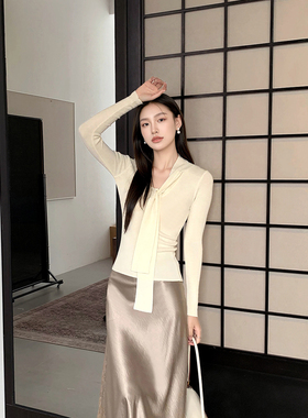 GEMQI含羊绒修身长袖针织衫女韩系春秋穿搭设计感飘带V领打底毛衣