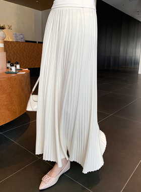 GEMQI米白色伞裙针织半身裙女收腰新款秋冬装高级感a字百褶裙长款