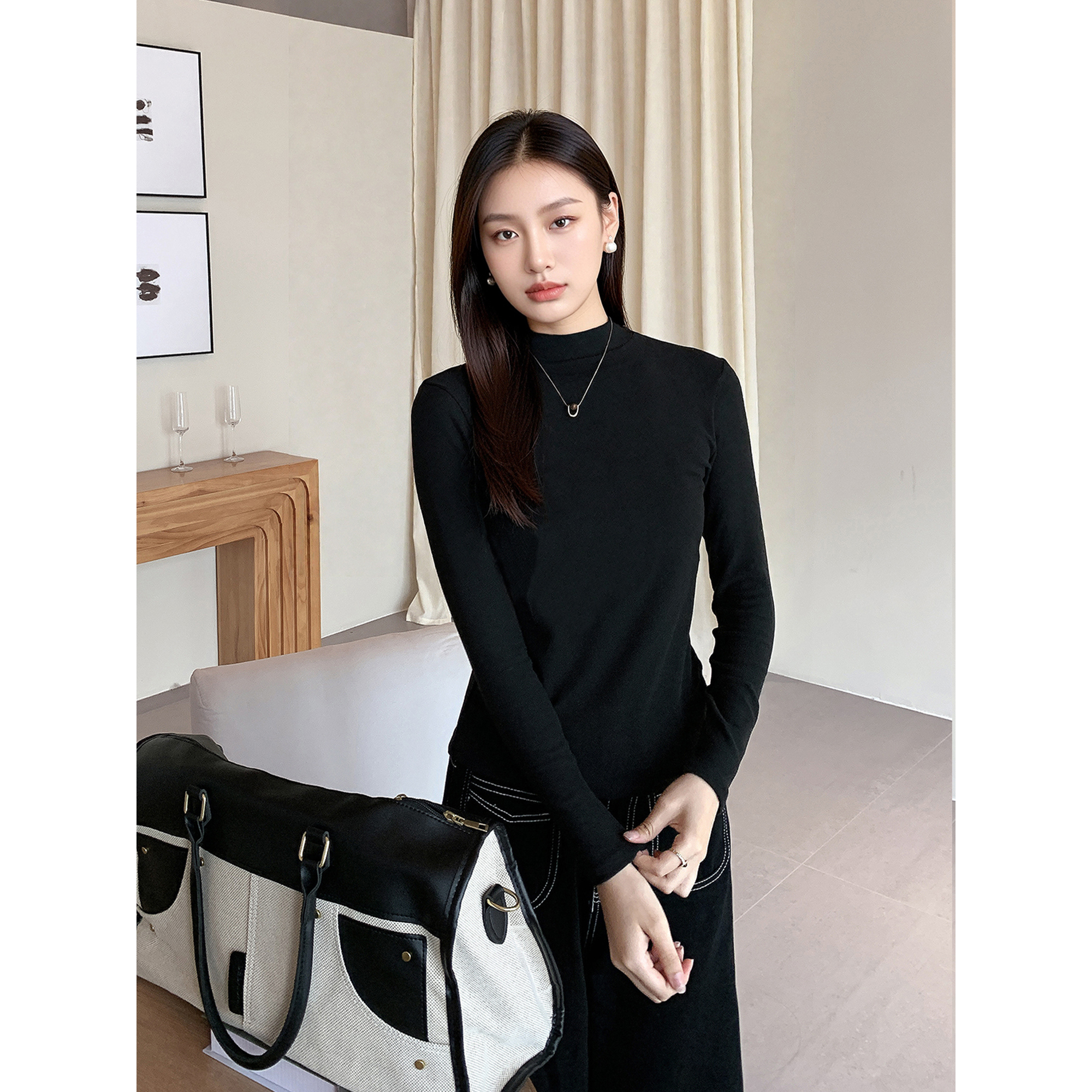 GEMQI 半高领德绒内搭打底衫女秋冬2025新款黑色修身长袖t恤上衣