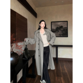 GEMQI 高端翻领条纹风衣外套女秋冬设计感双排扣收腰长款 过膝大衣