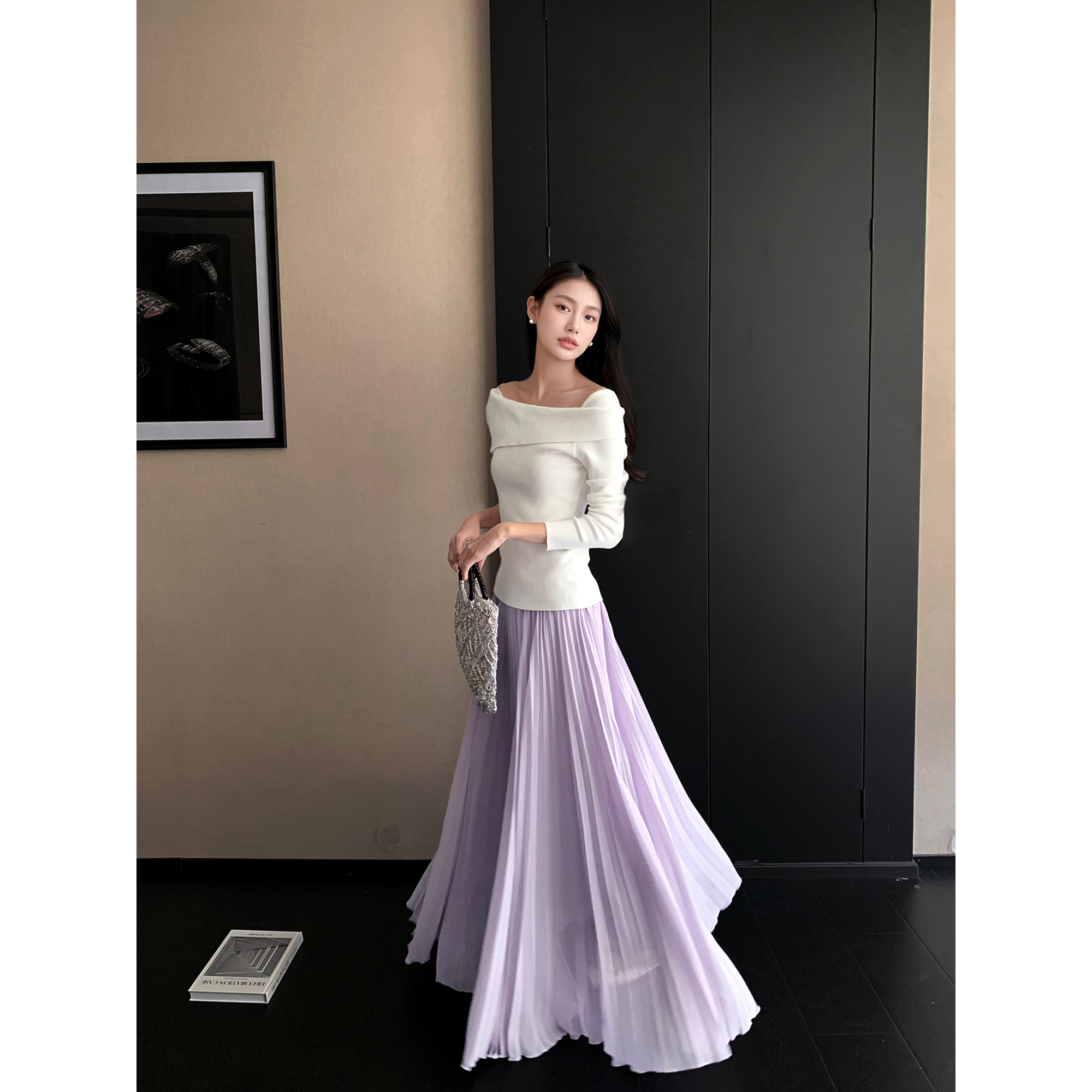 GEMQI 紫色高腰半身裙女秋季新款设计感压褶大裙摆飘逸百褶长裙子