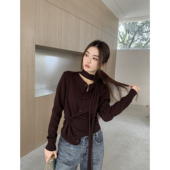 GEMQI 别致独特挂脖飘带毛衣外套 新款 酒红色含羊毛针织开衫 女秋季