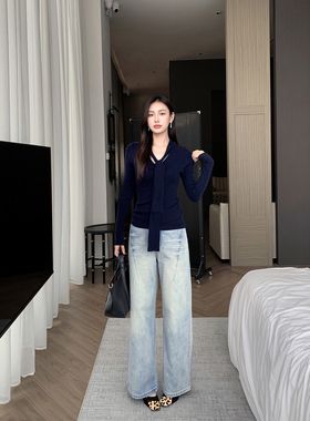 GEMQI 浅蓝色水洗牛仔裤女2025新款设计感刮痕拼接垂感阔腿长裤子