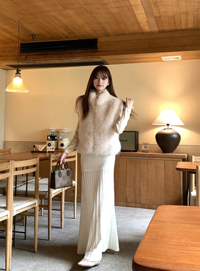 GEMQI 针织半身裙秋冬新款女士高腰百褶裙修身气质中长款鱼尾裙