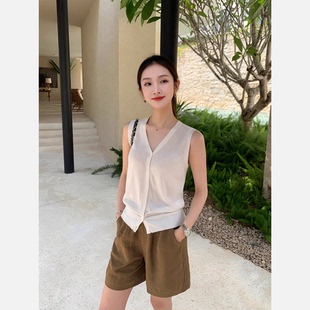 GEMQI  白色夏款莱赛尔松弛宽松V领针织开衫马甲女背心马夹上衣