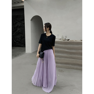 GEMQI紫色a字半身裙子女秋季新款高级感大裙摆流光纱双层百褶长裙