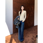 直筒高腰垂感阔腿长裤 GEMQI 微喇裤 子春秋季 蓝色牛仔裤 女2025新款