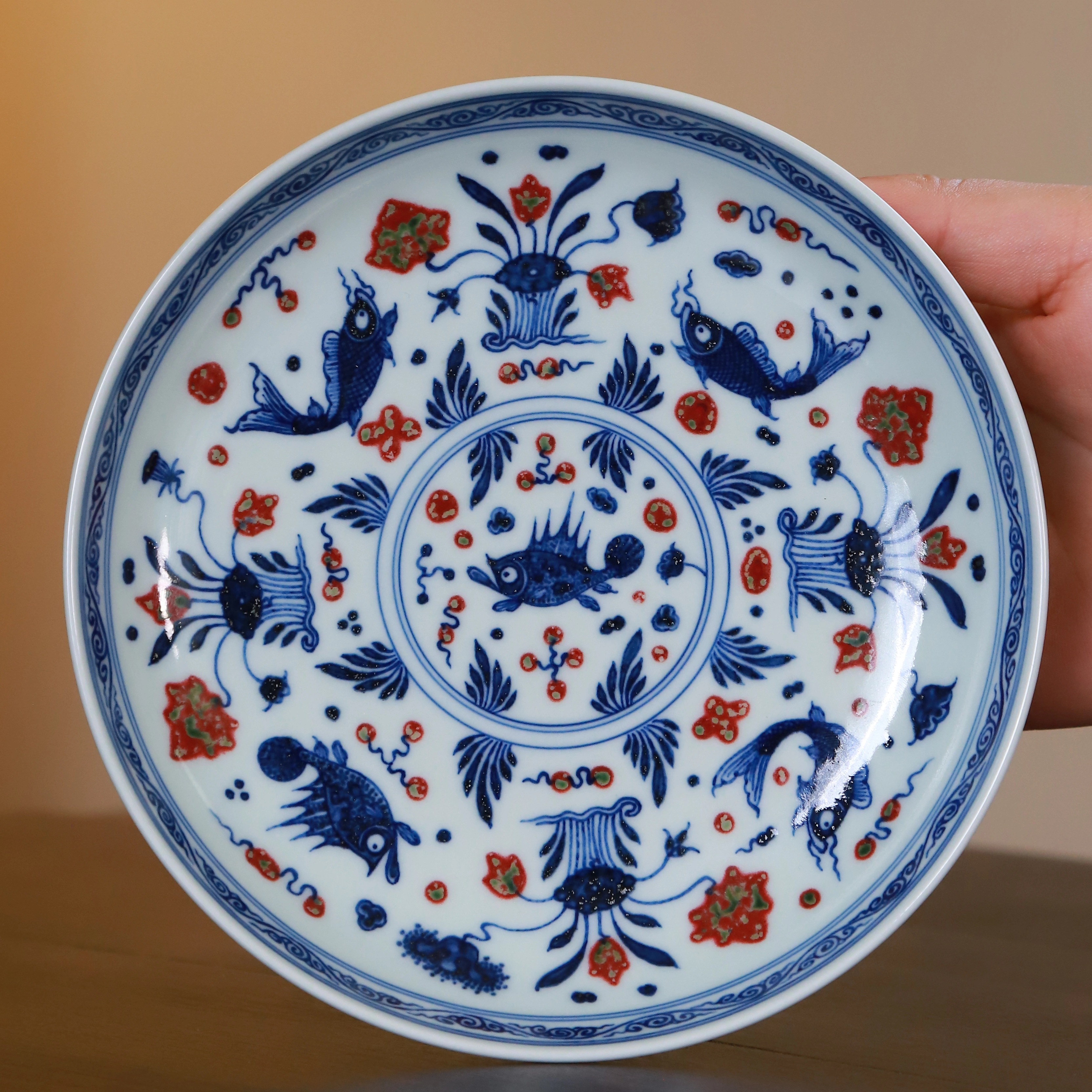 和然窑 青花釉里红鱼藻壶承 16.5ml