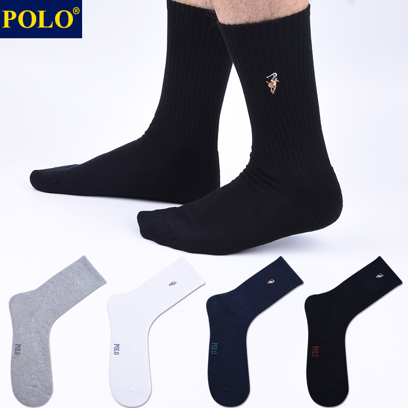 Polo袜子男纯色百搭中筒袜秋冬吸湿排汗无骨休闲黑色毛巾棉袜礼盒
