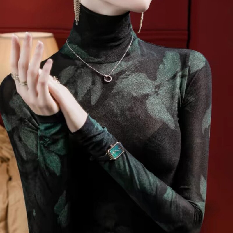 2025秋款高领薄款打底衫女长袖内搭网纱t恤女式印花蕾丝薄纱上衣