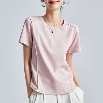 丝光棉白色正肩短袖t恤女夏季2025新款棉女士修身鱼骨线上衣洋气