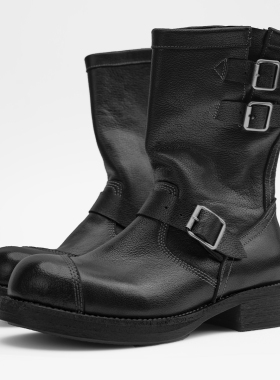 Aucun FootWear/ 25FW工程师靴男水牛皮厚底增高帮工装战术马丁靴