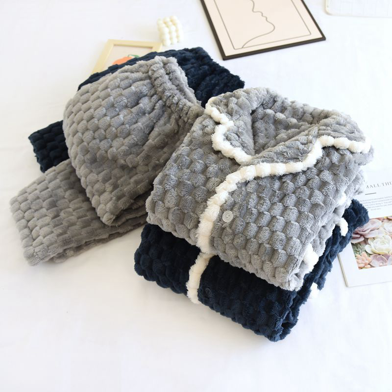 男法兰绒加厚加绒保暖套装