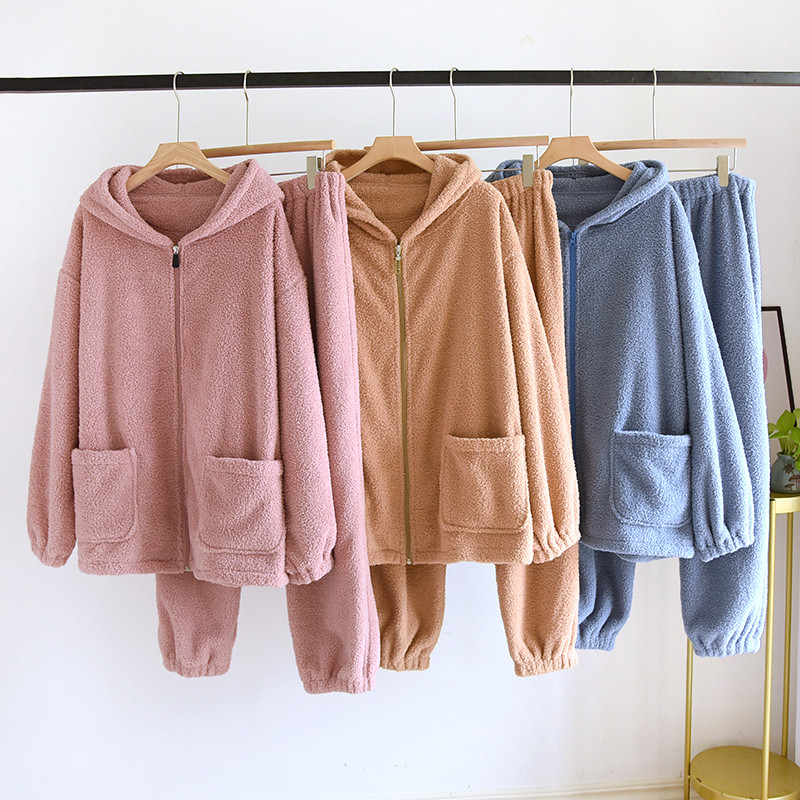 冬季法兰绒睡衣女加厚加绒长袖长裤连帽保暖纯色珊瑚绒家居服套装