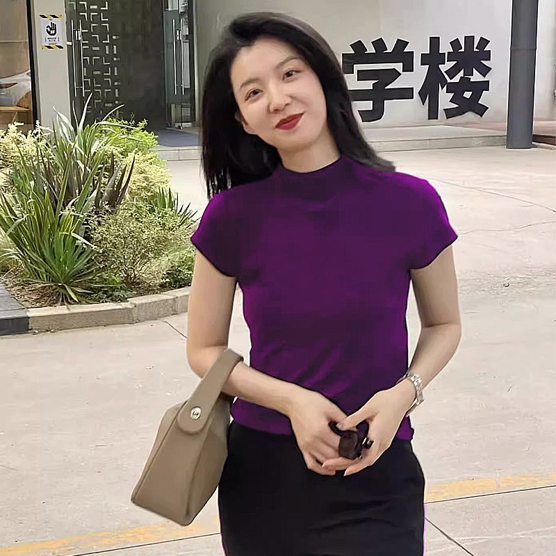 2024新款休闲半高领短袖t恤女