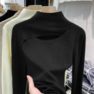 半高领羊绒打底衫女春秋上衣内搭黑色毛衣2025新款洋气镂空针织衫