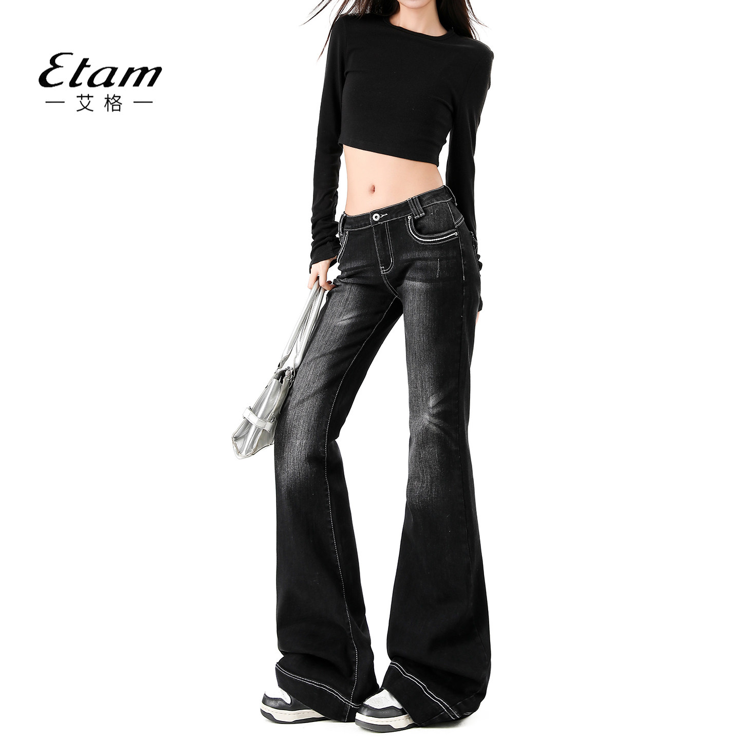 艾格Etam黑灰色低腰微喇牛仔裤女美式复古设计感紧身喇叭拖地裤子