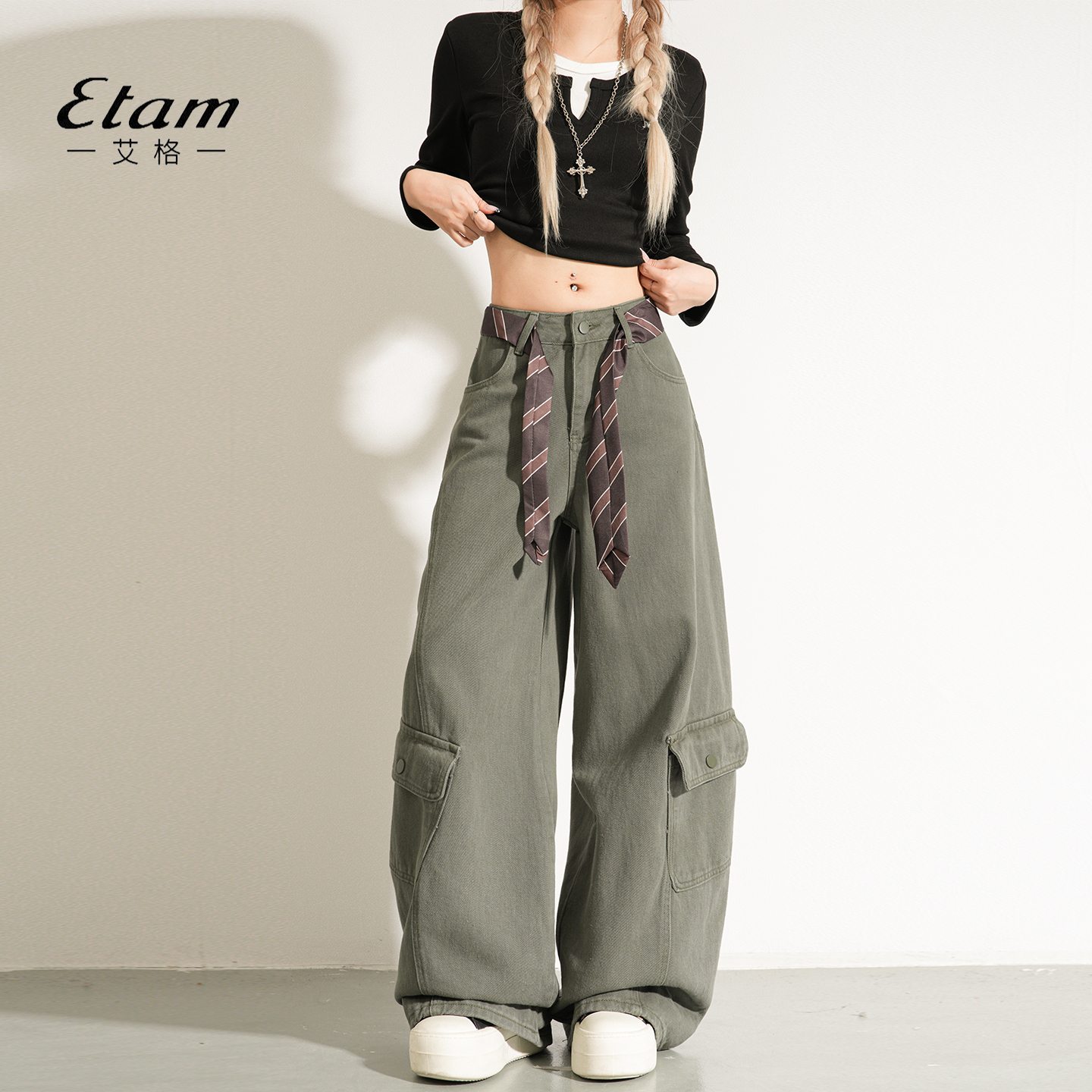 艾格Etam美式军绿色工装牛仔裤女