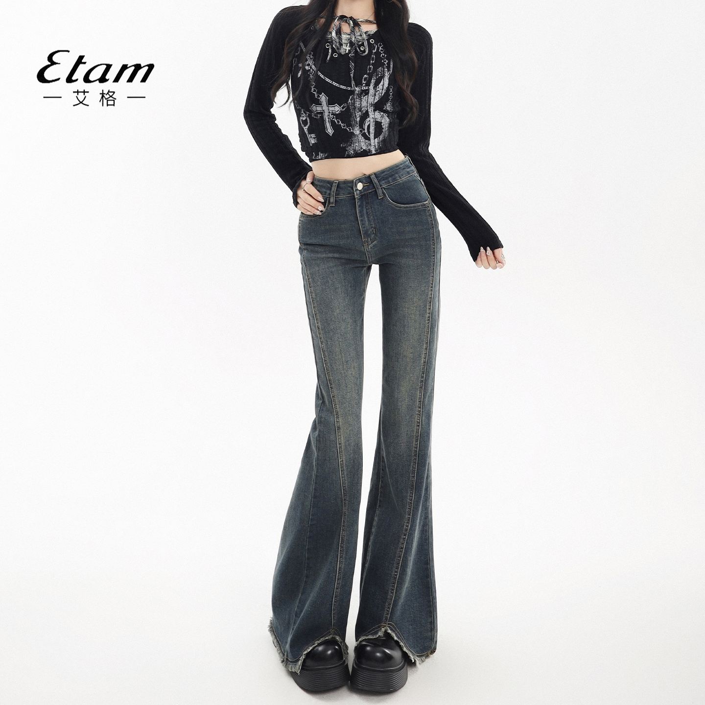 艾格Etam复古开叉微喇叭牛仔裤女