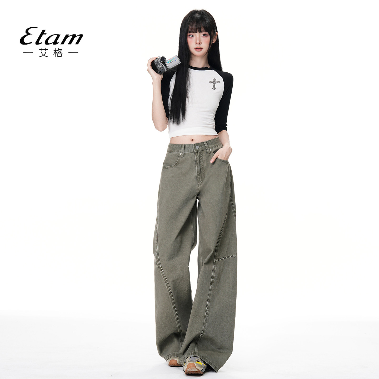 艾格Etam军绿色弯刀牛仔裤女2026春季新款美式复古解构直筒阔腿裤,女装/女士精品,牛仔裤,淘宝优惠券,粉丝福利购,淘宝优惠卷