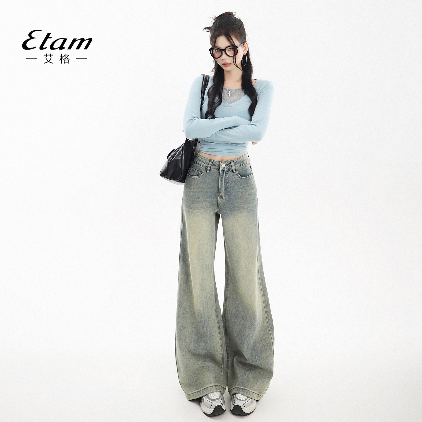艾格Etam复古做旧微喇牛仔裤女