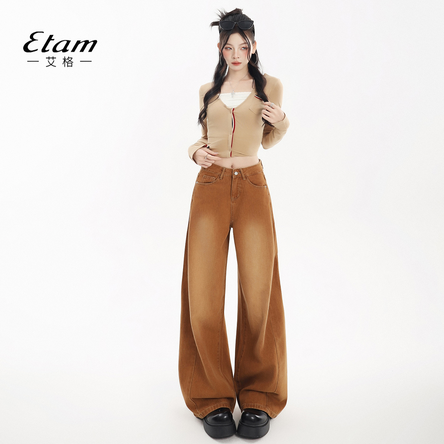 艾格Etam复古焦糖棕色阔腿牛仔裤