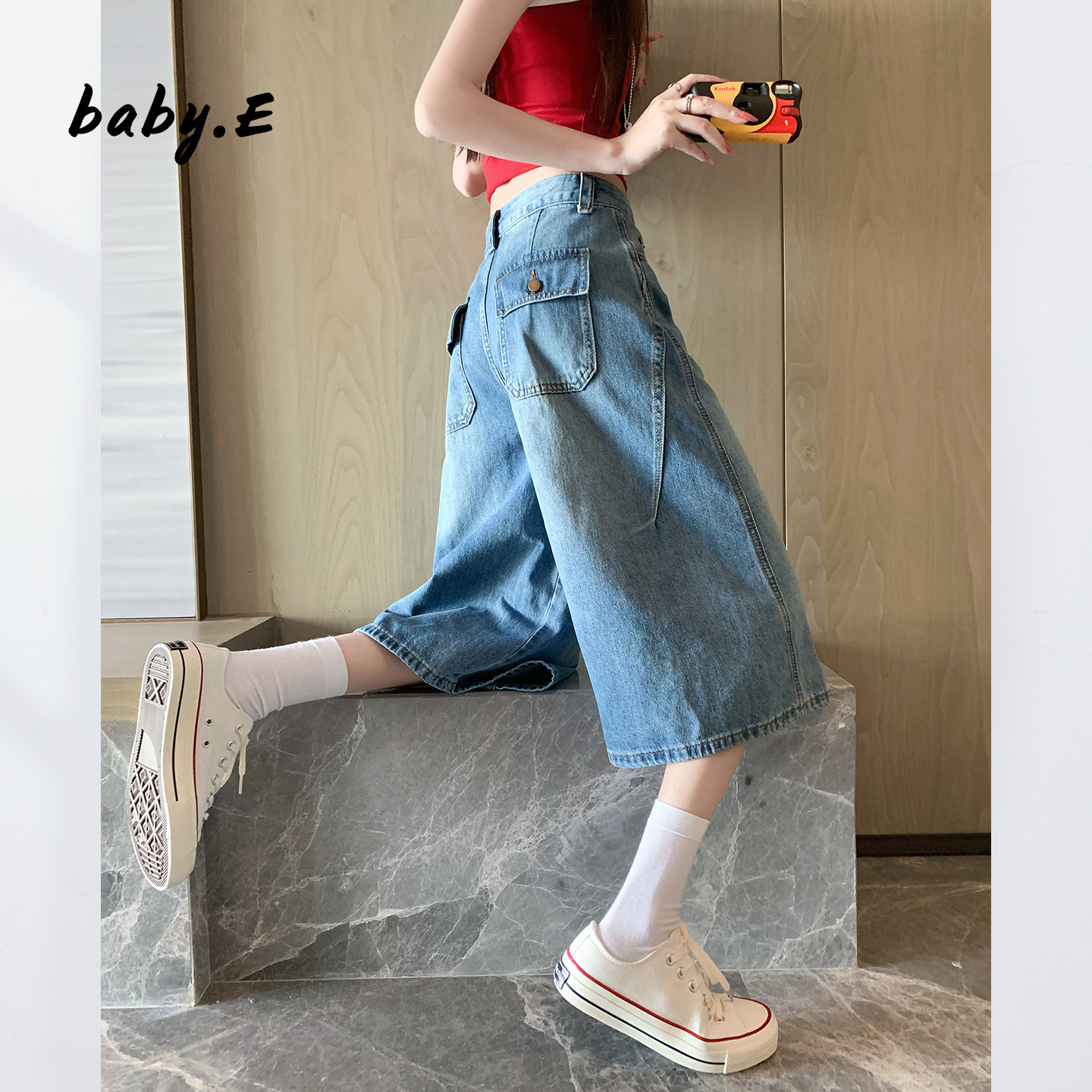 Baby.E复古蓝工装七分牛仔短裤女
